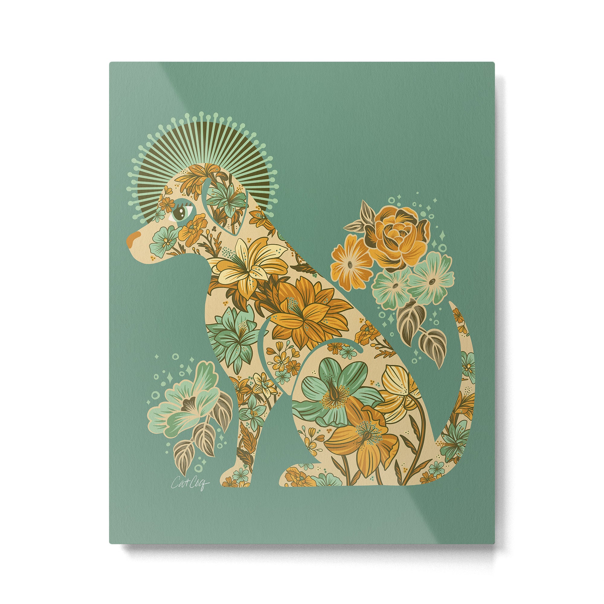 Porcelain Floral Dog - Mint & Ochre Metal Print Gallery Image 6