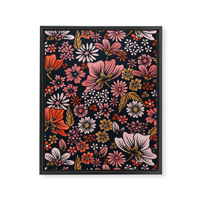 Retro Flower Power - Denim & Pink Framed Canvas Print Gallery Image 1