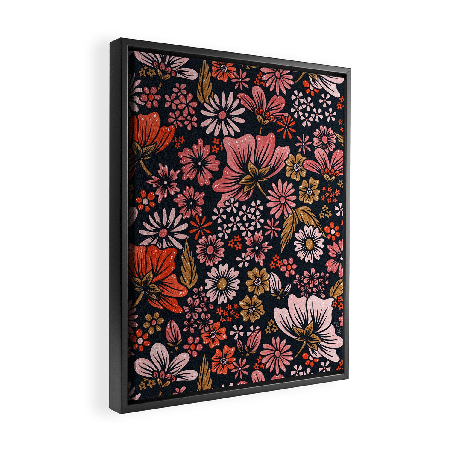 Retro Flower Power - Denim & Pink Framed Canvas Print Gallery Image 2