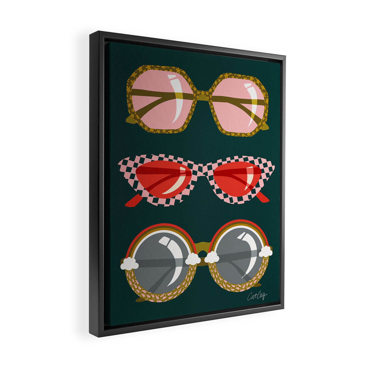 Retro Sunglasses - Pink & Red on Teal Framed Canvas Print Gallery Image 2