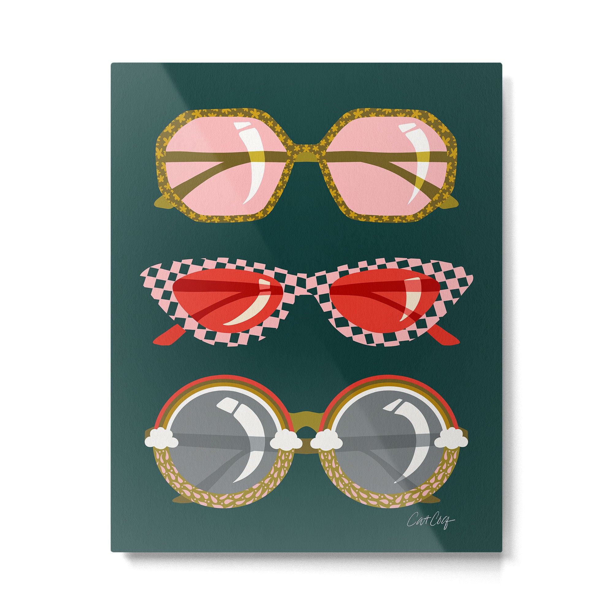 Retro Sunglasses - Pink & Red on Teal Metal Print Gallery Image 4