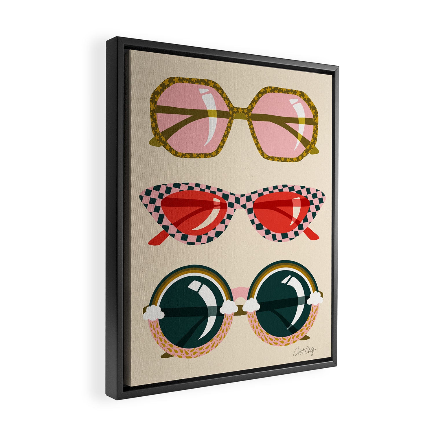 Retro Sunglasses - Red & Teal on Cream Framed Canvas Print Gallery Image 2