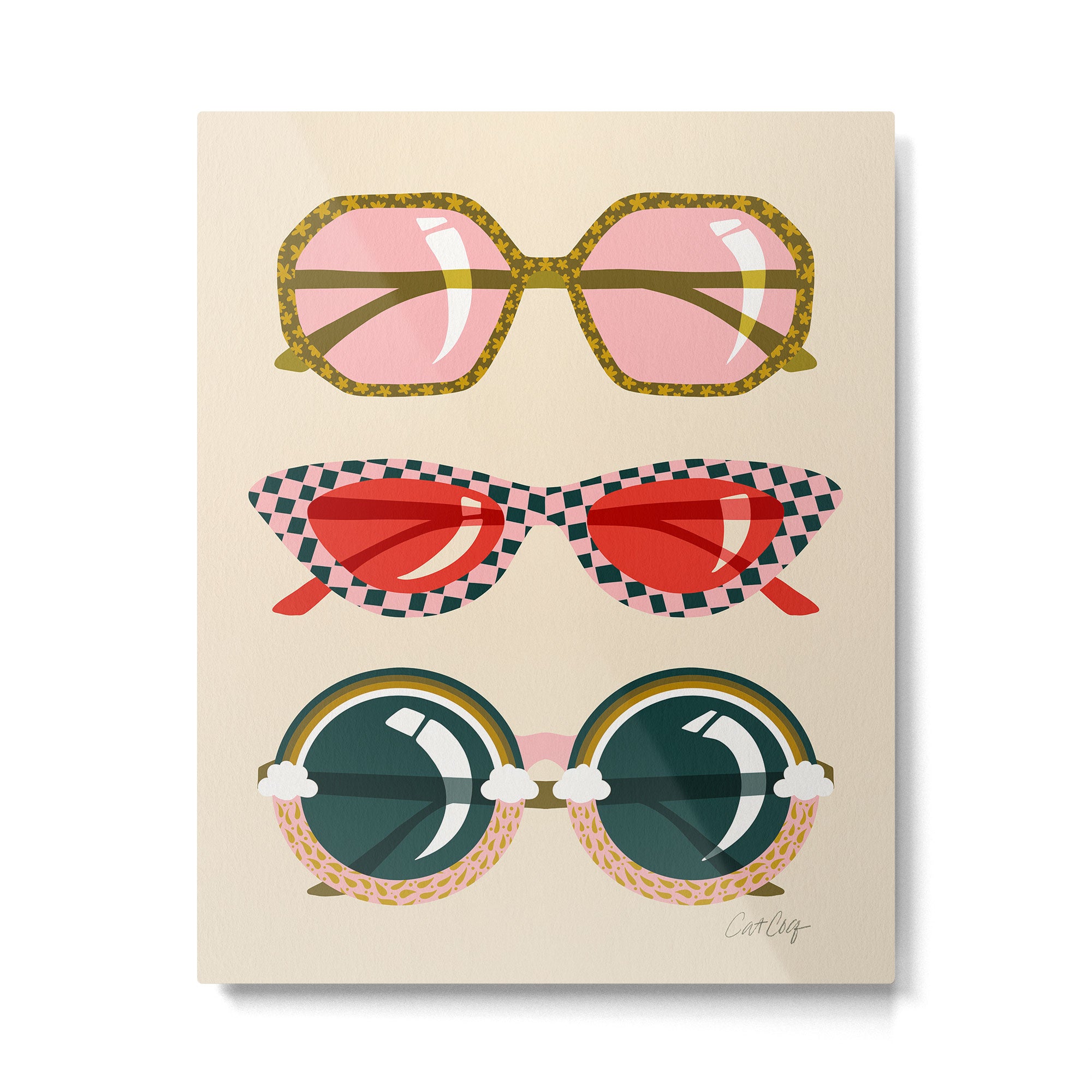 Retro Sunglasses - Red & Teal on Cream Metal Print Gallery Image 4