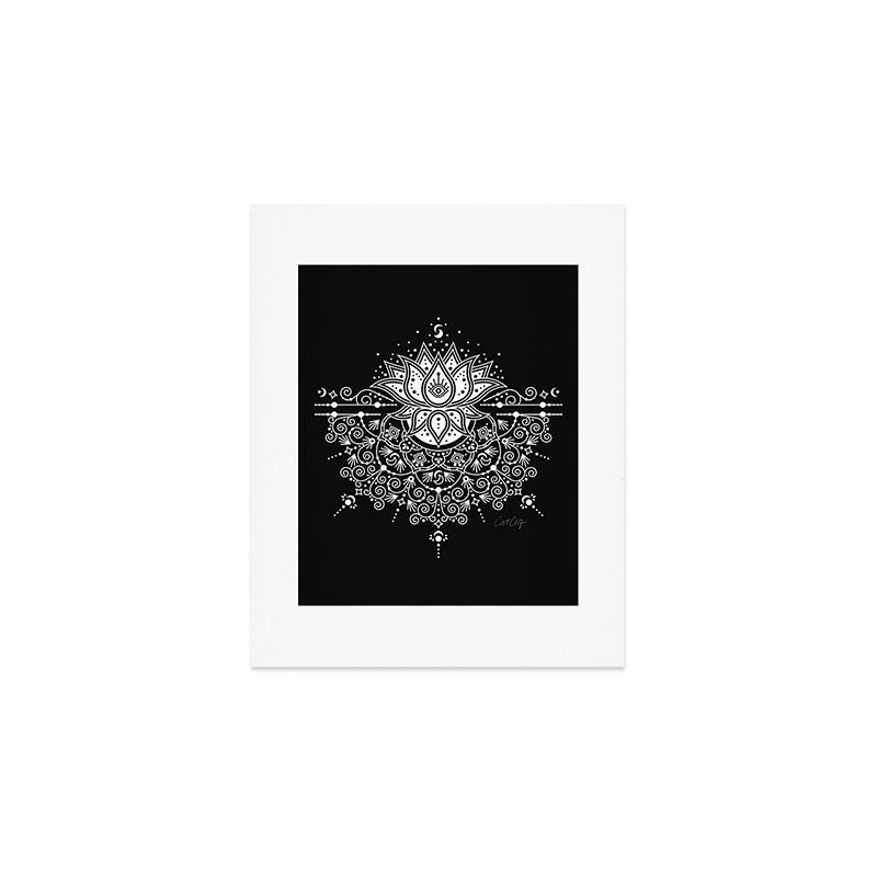 Sacred Lotus Blossom Mandala - White on Black Art Print Gallery Image 1
