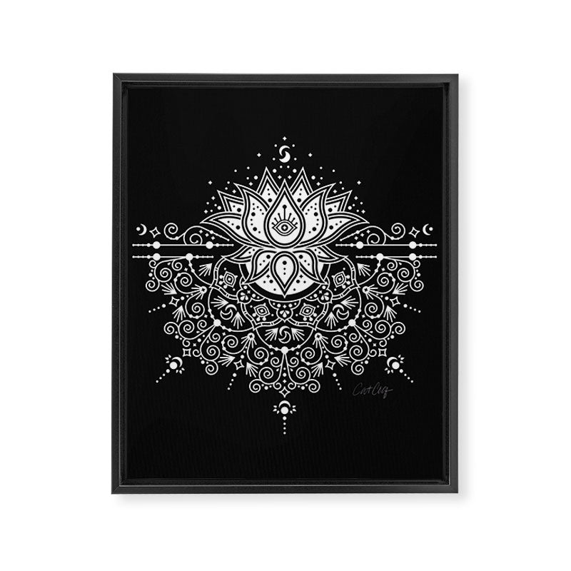 Sacred Lotus Blossom Mandala - White on Black Framed Canvas Print Gallery Image 8