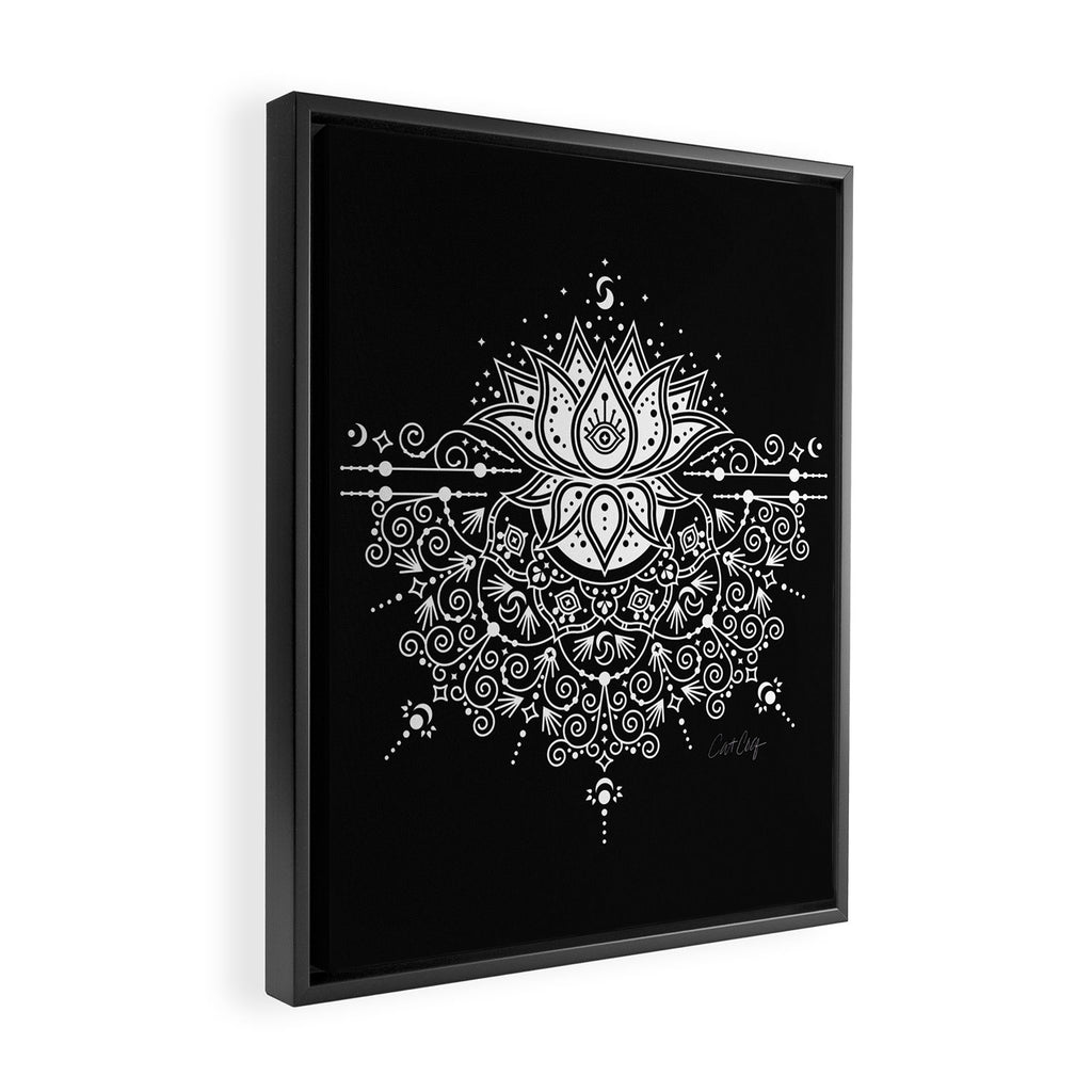 Sacred Lotus Blossom Mandala - White on Black Framed Canvas Print Gallery Image 2