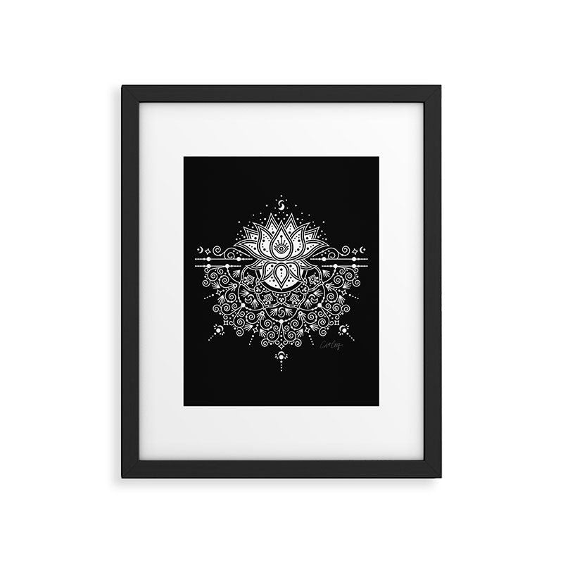 Sacred Lotus Blossom Mandala - White on Black Framed Art Print Gallery Image 6