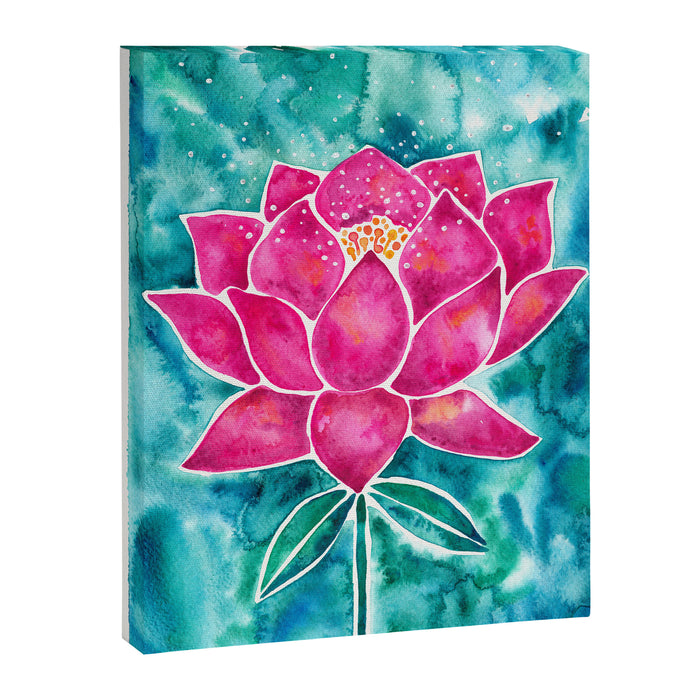 Sacred Lotus - Magenta Blossom with Turquoise Wash Canvas Print Gallery Image 1