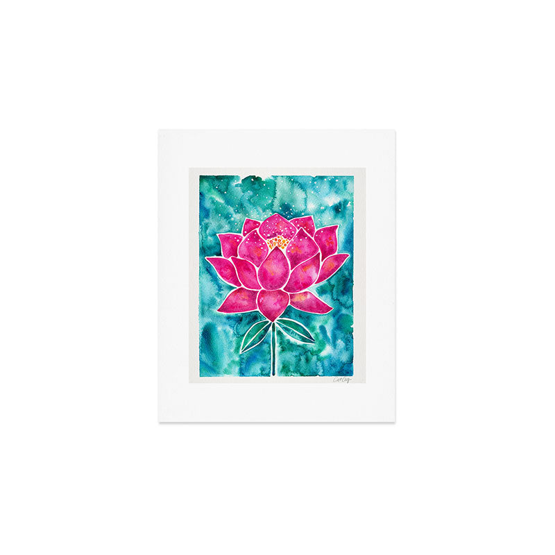 Sacred Lotus - Magenta Blossom with Turquoise Wash Art Print Gallery Image 1