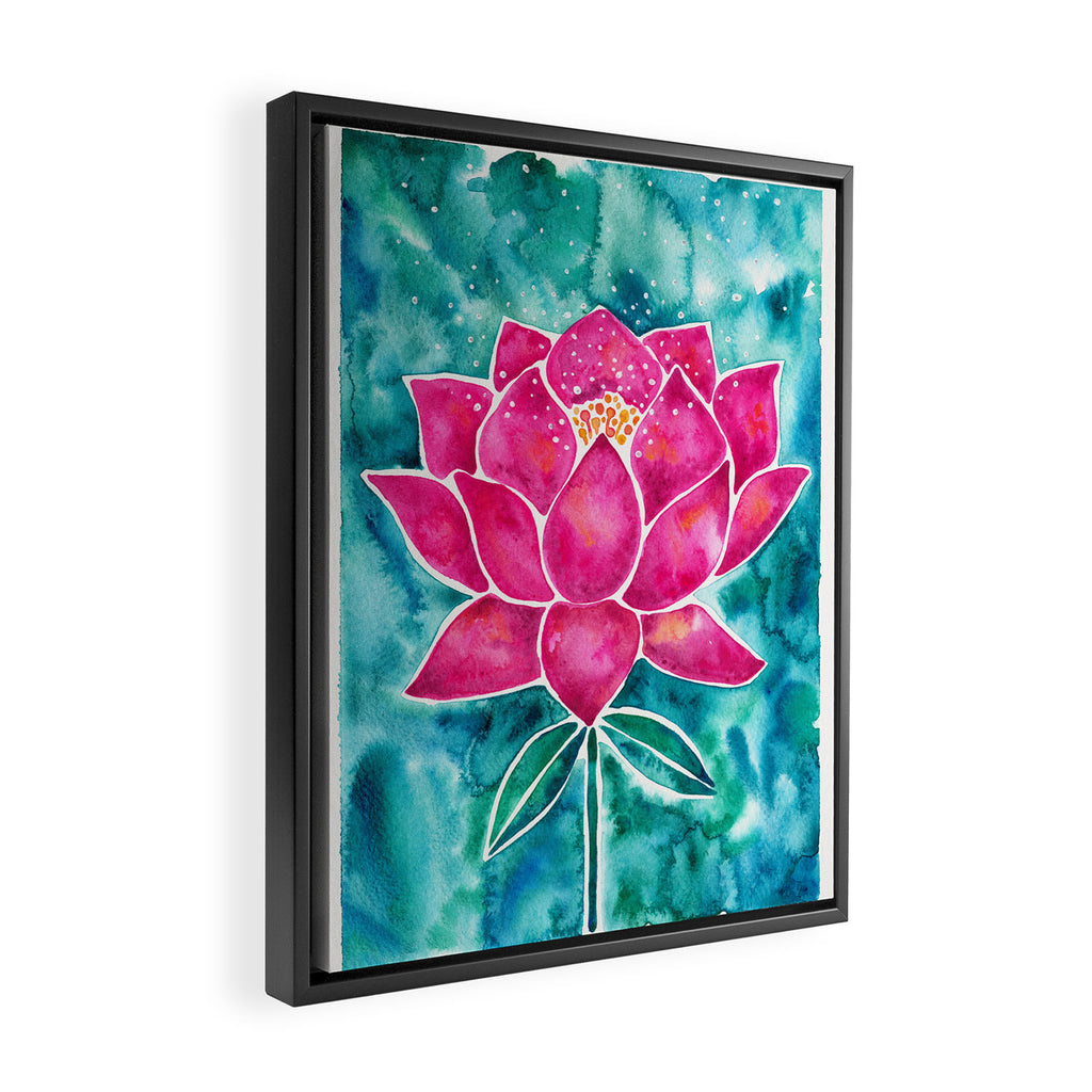 Sacred Lotus - Magenta Blossom with Turquoise Wash Framed Canvas Print Gallery Image 2