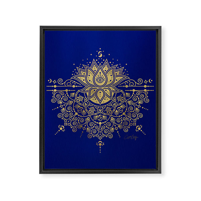 Sacred Lotus Mandala - Navy & Gold Palette Framed Canvas Print Gallery Image 1