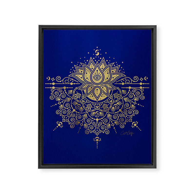 Sacred Lotus Mandala - Navy & Gold Palette Framed Canvas Print Gallery Image 6