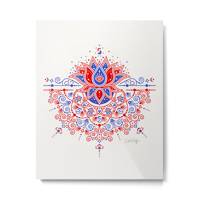Sacred Lotus Mandala - Red & Blue Palette Metal Print Gallery Image 1
