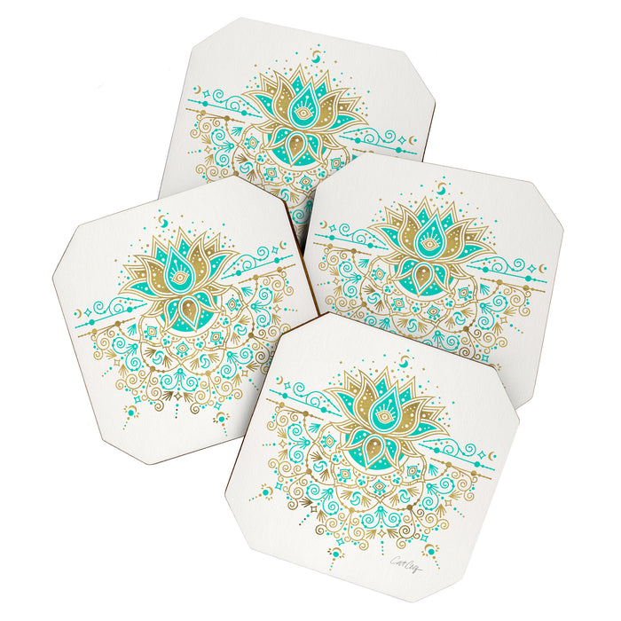Sacred Lotus Mandala - Turquoise & Gold Palette Coaster Gallery Image 1