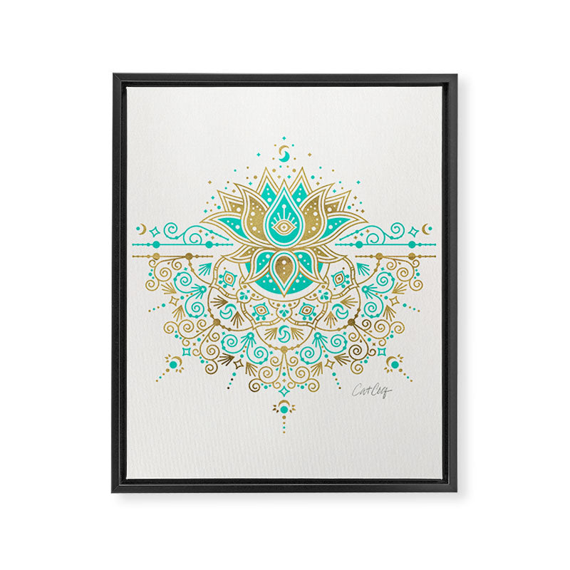 Sacred Lotus Mandala - Turquoise & Gold Palette Framed Canvas Print Gallery Image 6