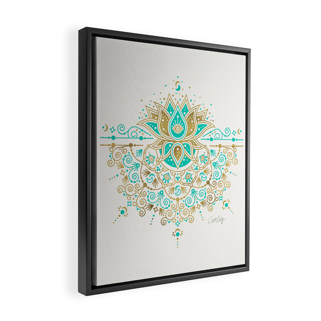 Sacred Lotus Mandala - Turquoise & Gold Palette Framed Canvas Print Gallery Image 2