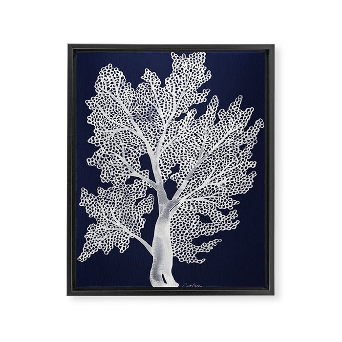 Sea Fan Coral - White on Navy Framed Canvas Print Gallery Image 1