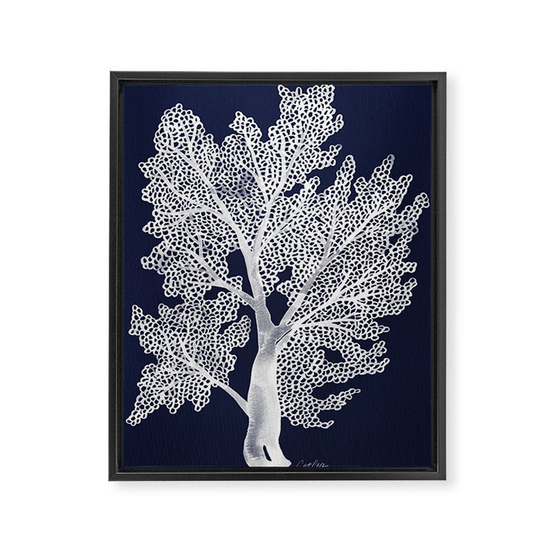 Sea Fan Coral - White on Navy Framed Canvas Print Gallery Image 8