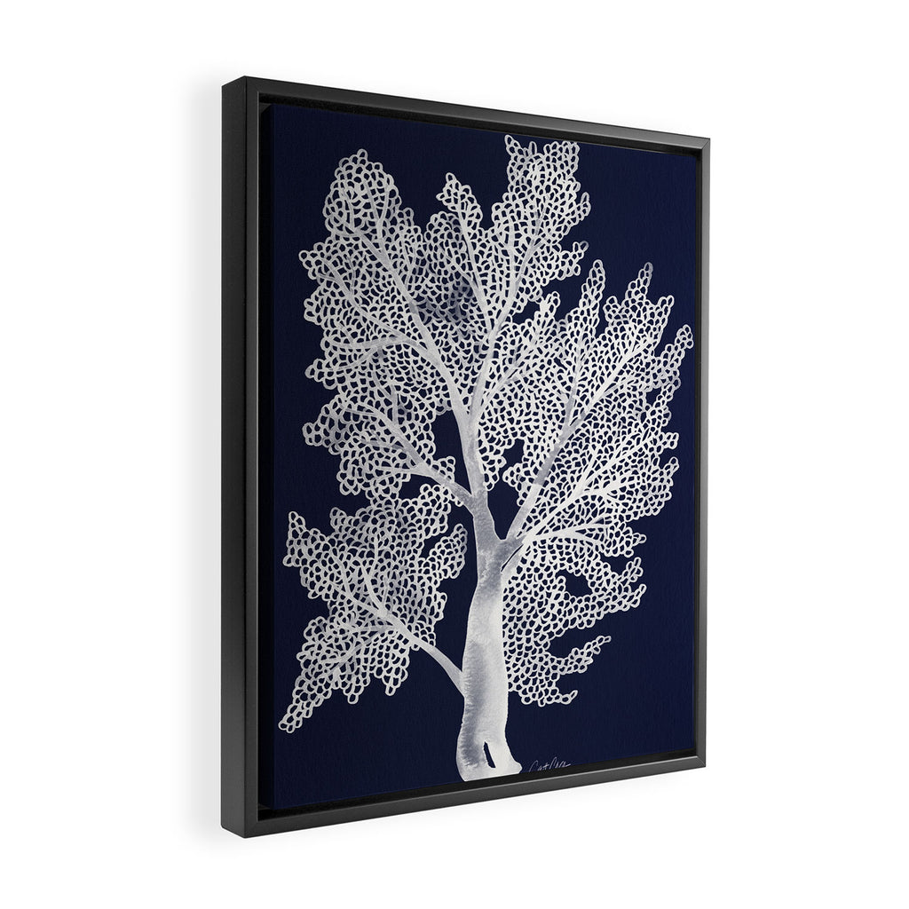 Sea Fan Coral - White on Navy Framed Canvas Print Gallery Image 2