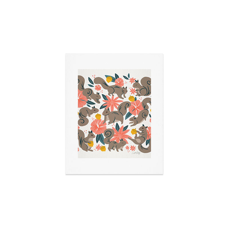 Squirrels & Blooms - Coral & Teal Art Print Gallery Image 1