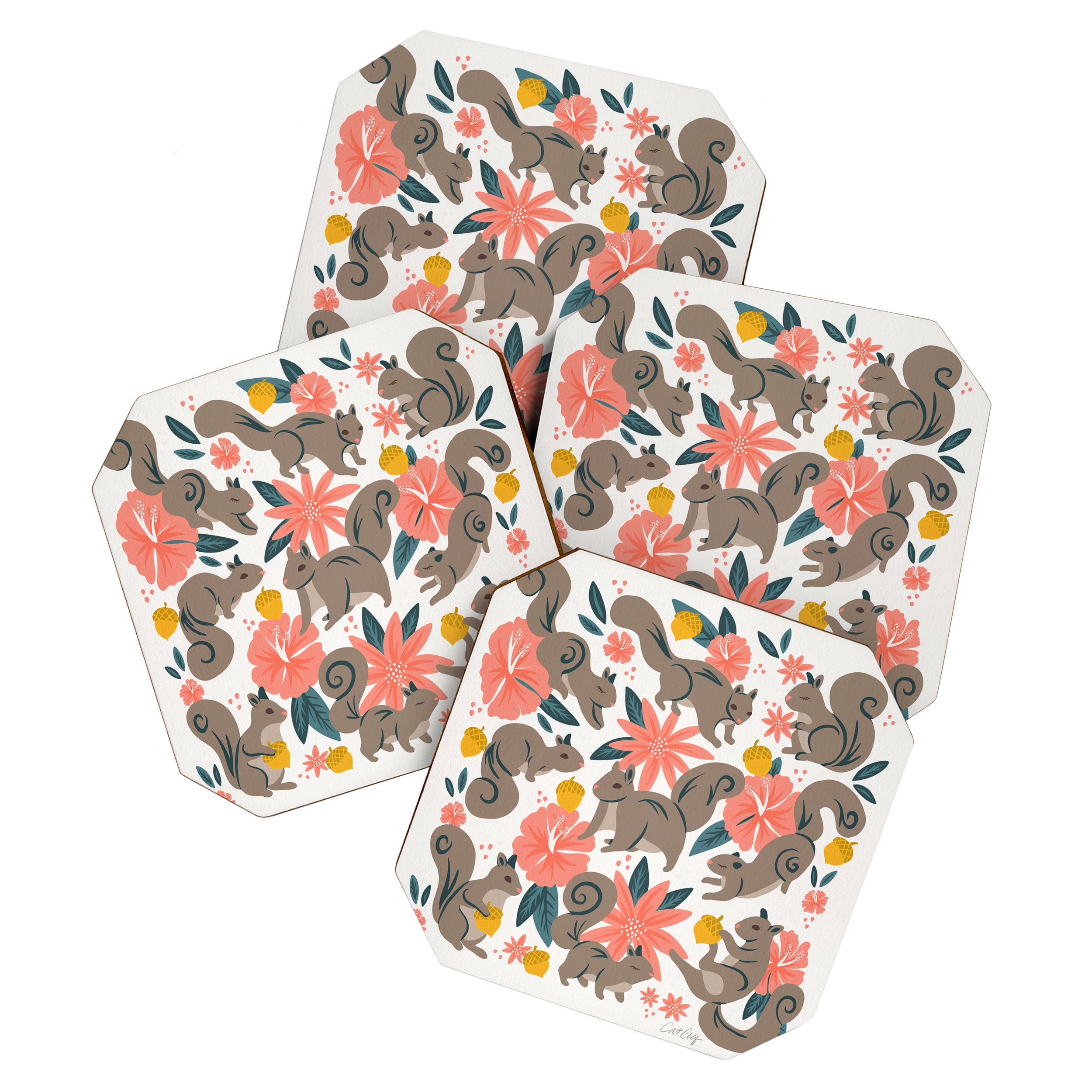 Squirrels & Blooms - Coral & Teal Coaster Gallery Image 1