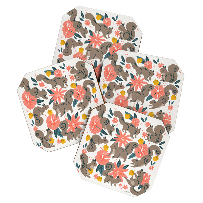 Squirrels & Blooms - Coral & Teal Coaster Gallery Image 1