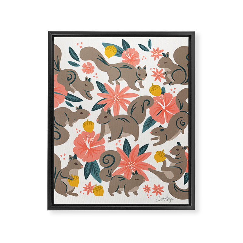 Squirrels & Blooms - Coral & Teal Framed Canvas Print Gallery Image 8