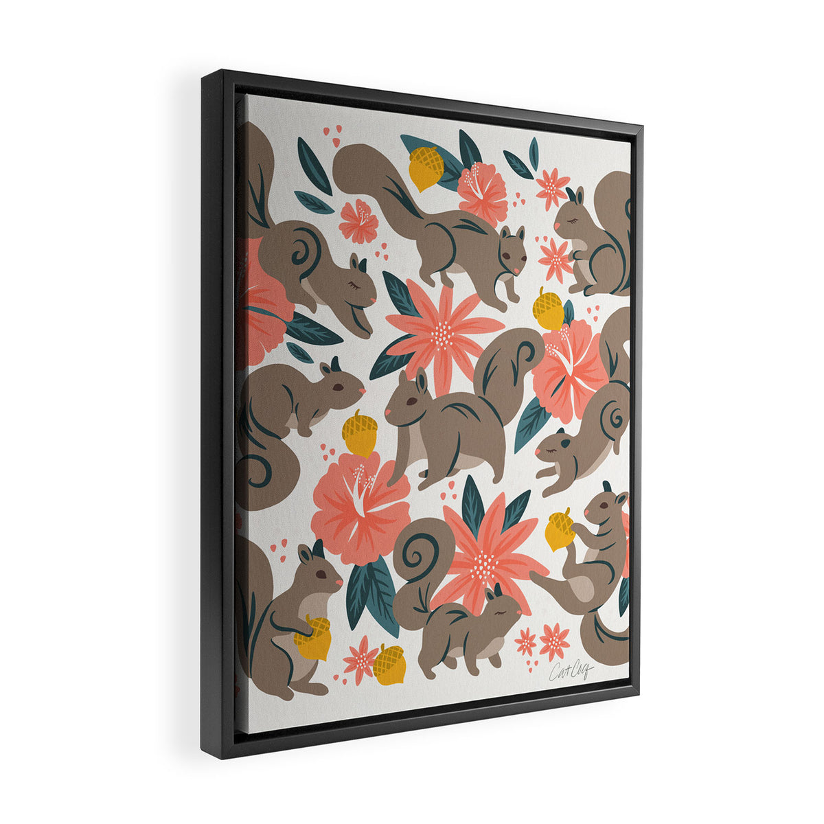 Squirrels & Blooms - Coral & Teal Framed Canvas Print Gallery Image 2