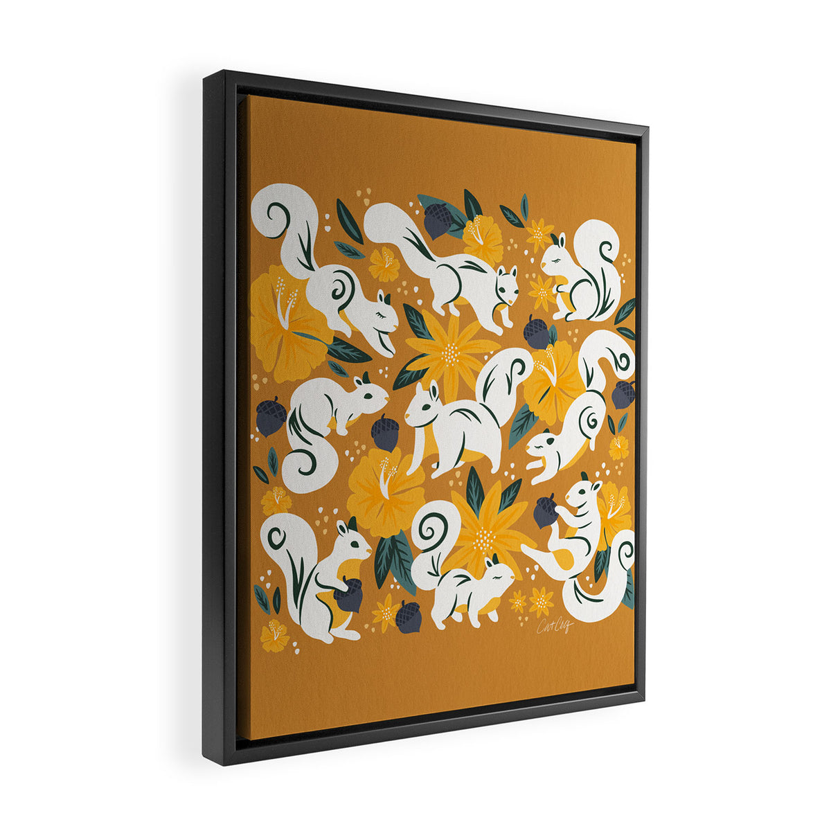 Squirrels & Blooms - Ochre Framed Canvas Print Gallery Image 2