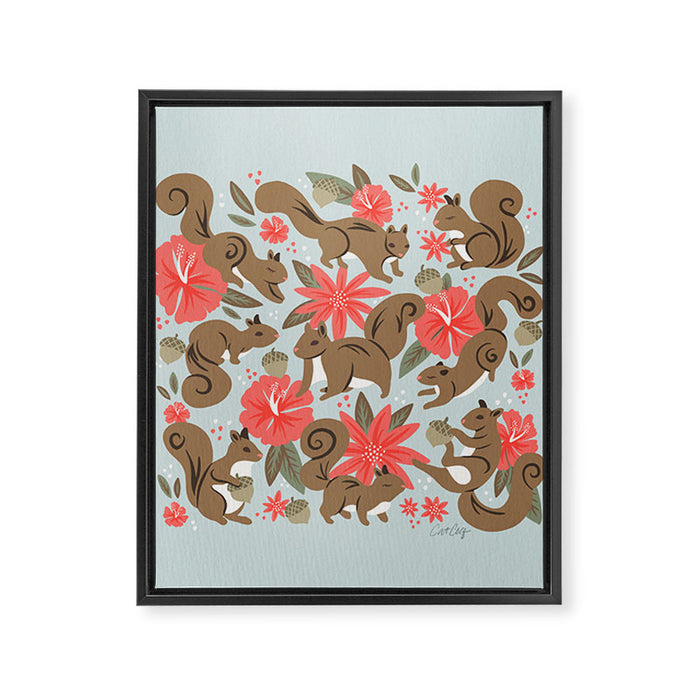 Squirrels & Blooms - Russet & Coral Framed Canvas Print Gallery Image 1