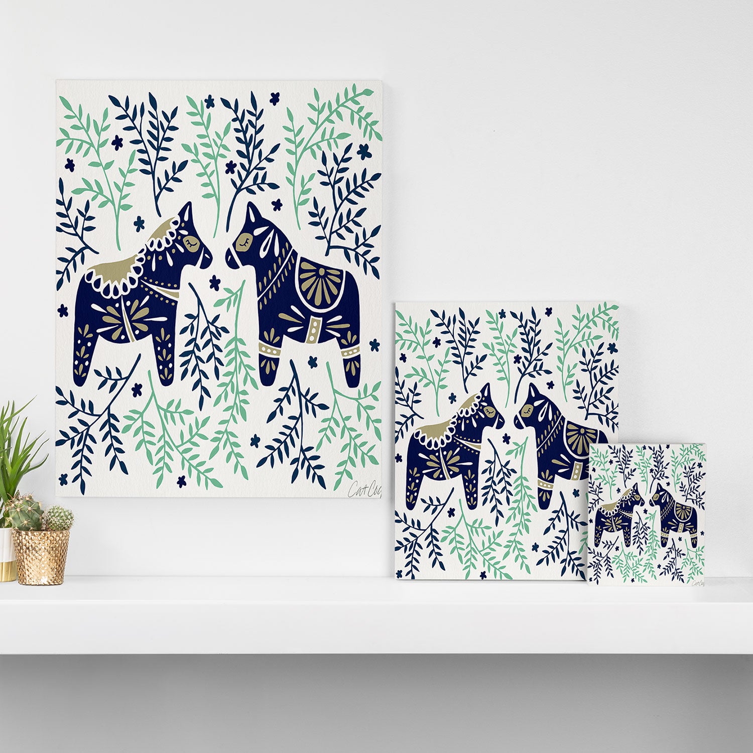 Swedish Dala Horse - Navy & Mint Palette Canvas Print Gallery Image 3