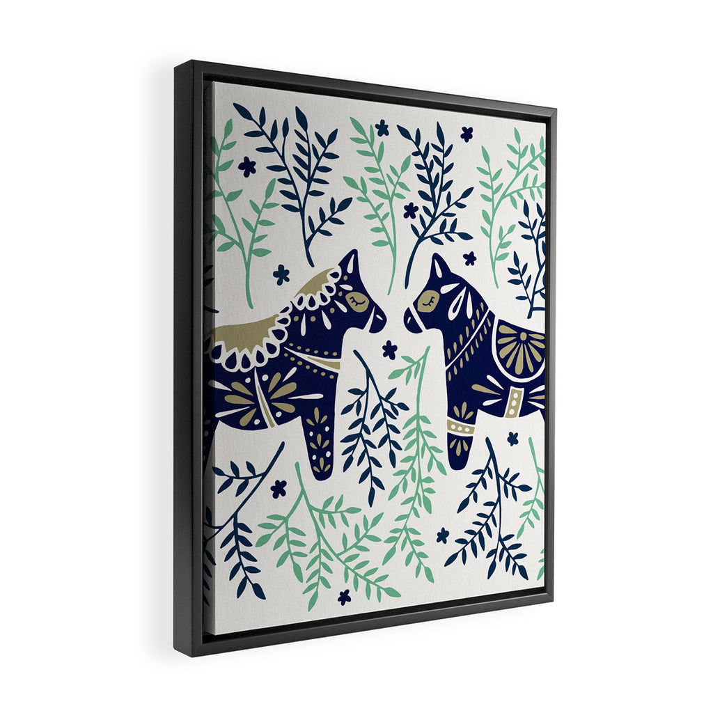Swedish Dala Horse - Navy & Mint Palette Framed Canvas Print Gallery Image 2