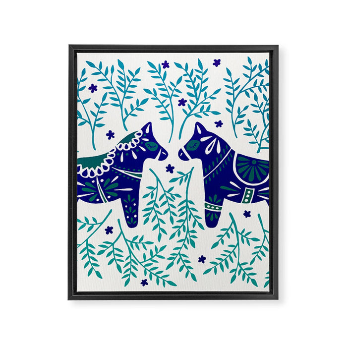 Swedish Dala Horses - Navy & Blue Palette Framed Canvas Print Gallery Image 1