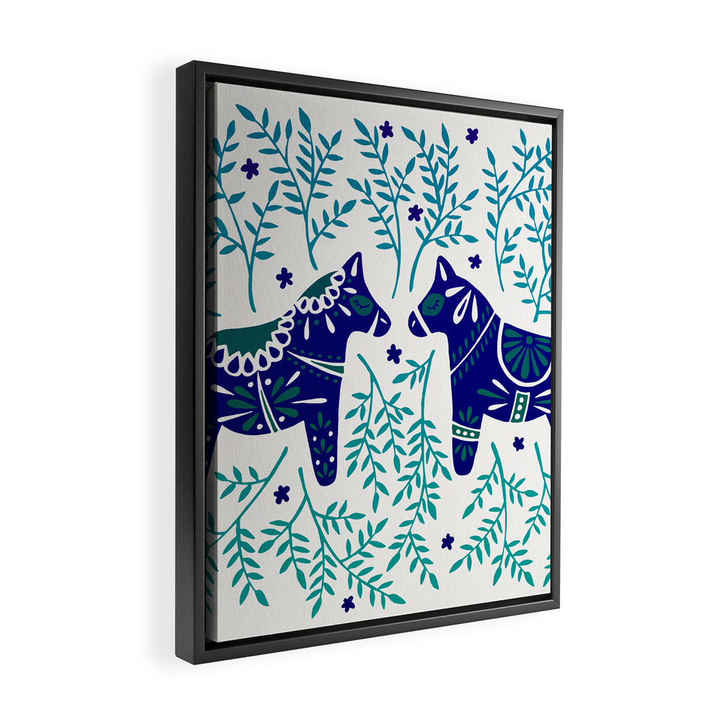 Swedish Dala Horses - Navy & Blue Palette Framed Canvas Print Gallery Image 2