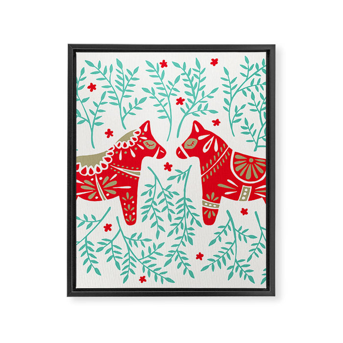 Swedish Dala Horses - Red & Mint Palette Framed Canvas Print Gallery Image 1