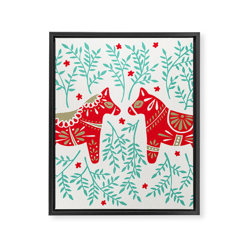 Swedish Dala Horses - Red & Mint Palette Framed Canvas Print Gallery Image 8