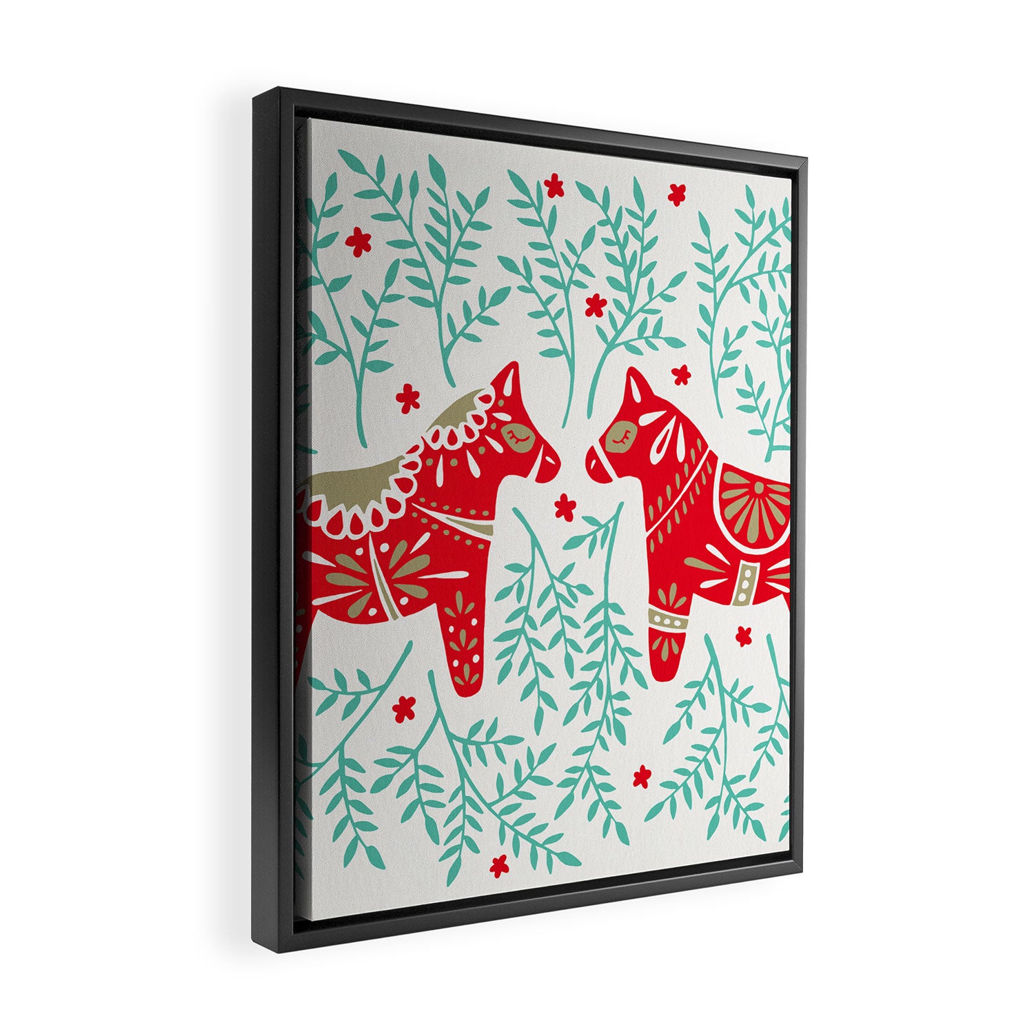 Swedish Dala Horses - Red & Mint Palette Framed Canvas Print Gallery Image 2