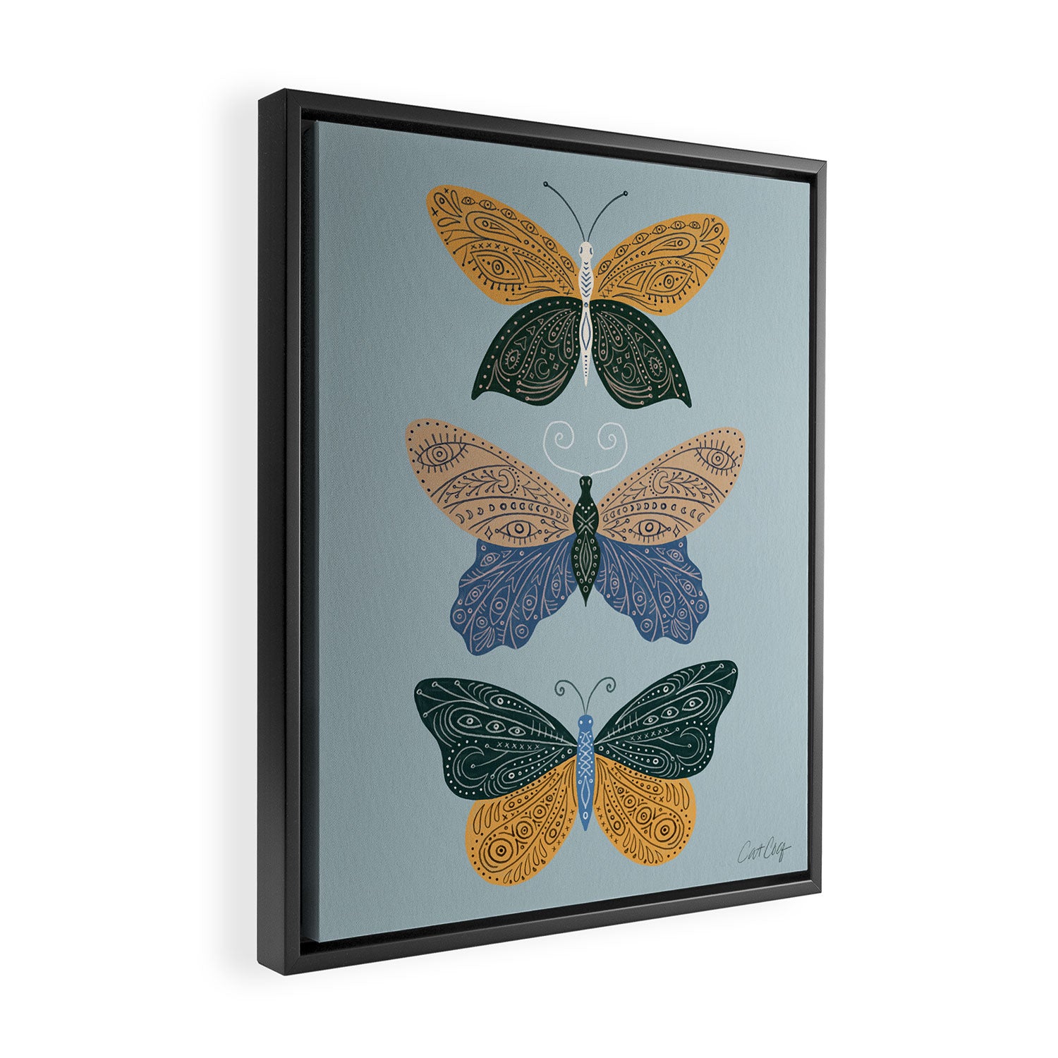 Tattooed Butterflies - Blue & Yellow Framed Canvas Print Gallery Image 2