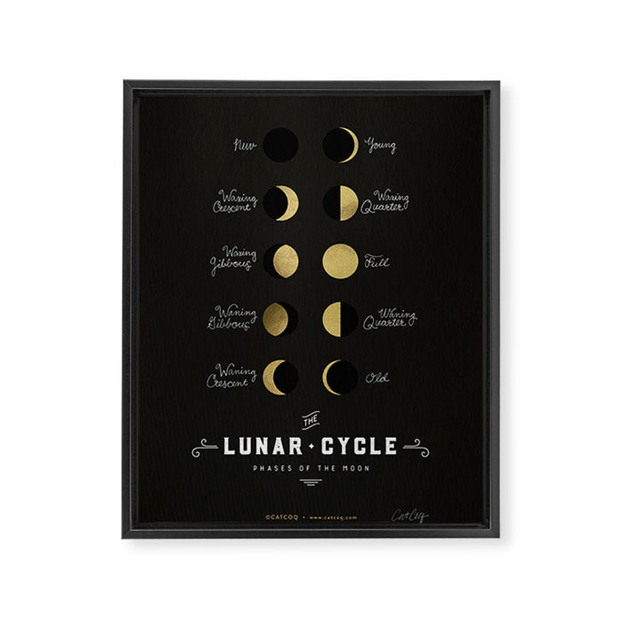 The Lunar Cycle â¢ Phases of the Moon - Black & Gold Palette Framed Canvas Print Gallery Image 1