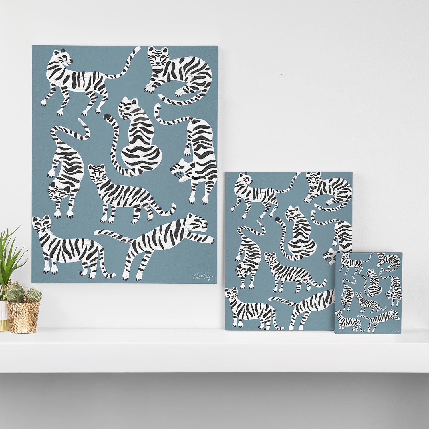 Tiger Collection - White on Blue Canvas Print Gallery Image 3