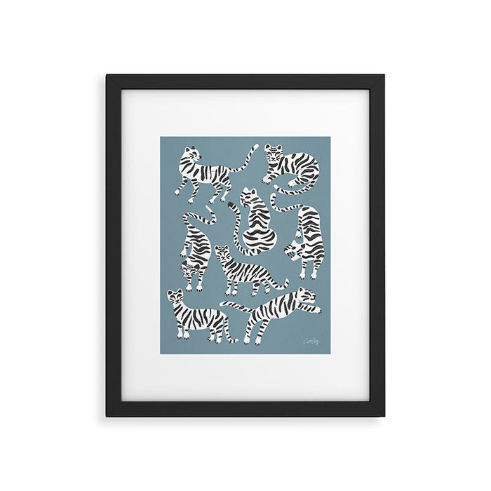 Tiger Collection - White on Blue Framed Art Print Gallery Image 1