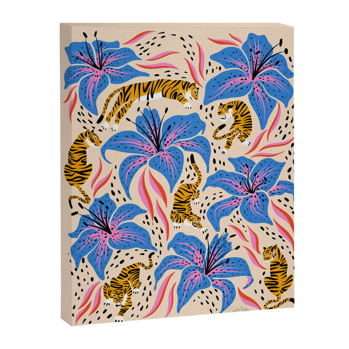 Tigers & Tiger Lilies - Blue & Yellow Canvas Print Gallery Image 1