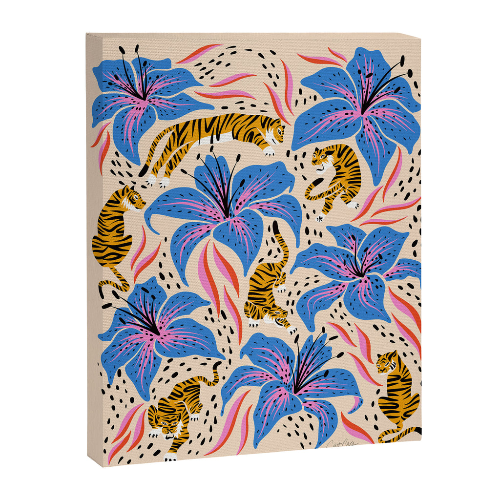 Tigers & Tiger Lilies - Blue & Yellow Canvas Print Gallery Image 6