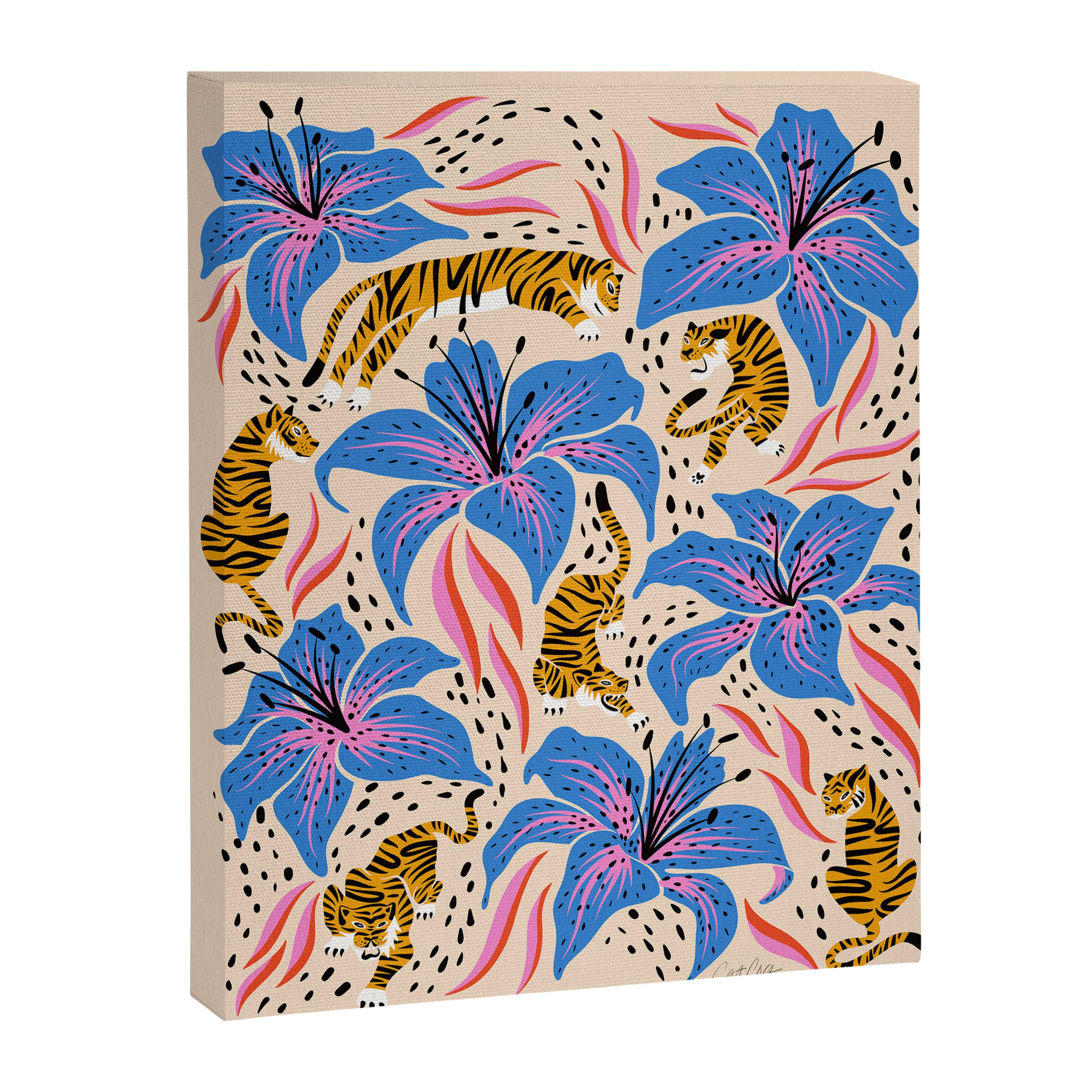 Tigers & Tiger Lilies - Blue & Yellow Canvas Print Gallery Image 6