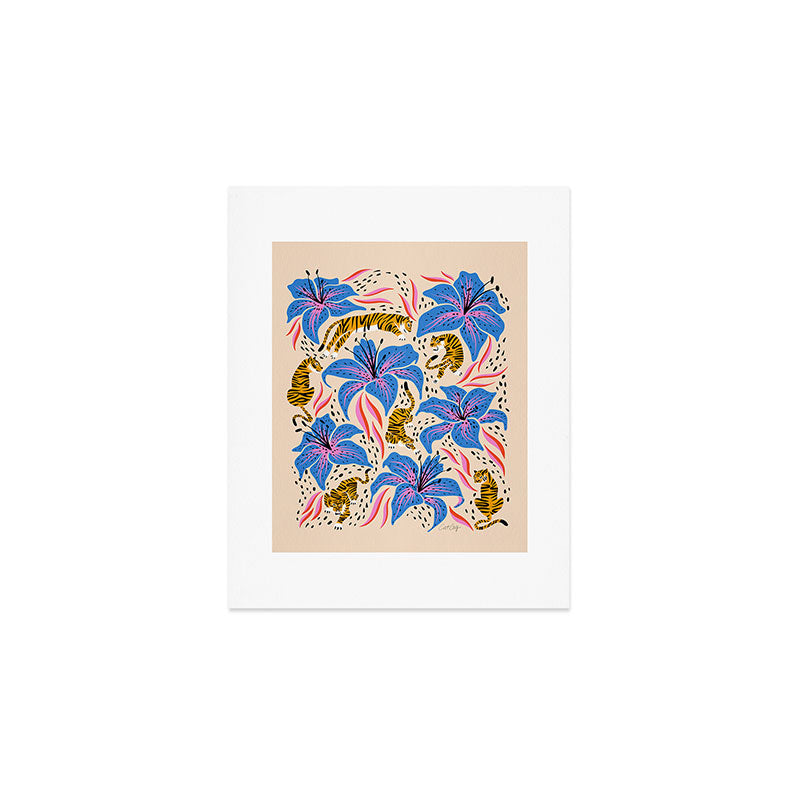 Tigers & Tiger Lilies - Blue & Yellow Art Print Gallery Image 1