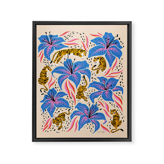 Tigers & Tiger Lilies - Blue & Yellow Framed Canvas Print Gallery Image 1
