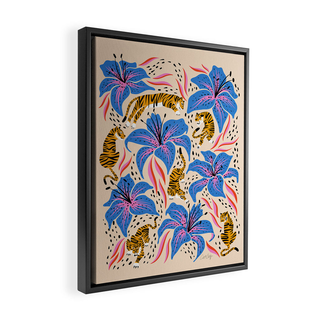 Tigers & Tiger Lilies - Blue & Yellow Framed Canvas Print Gallery Image 2