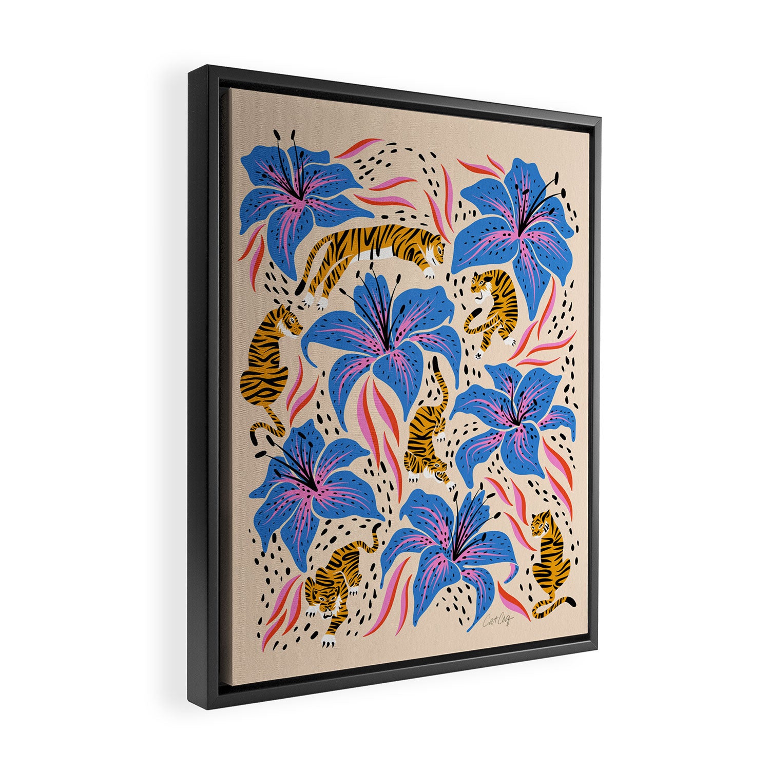 Tigers & Tiger Lilies - Blue & Yellow Framed Canvas Print Gallery Image 2