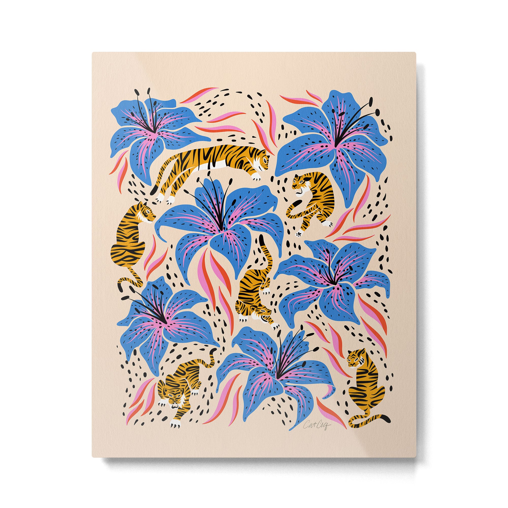 Tigers & Tiger Lilies - Blue & Yellow Metal Print Gallery Image 4