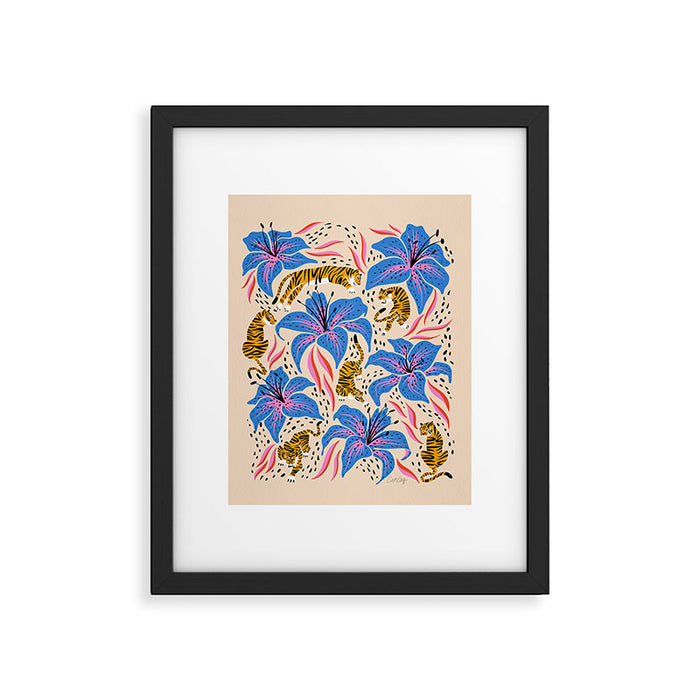 Tigers & Tiger Lilies - Blue & Yellow Framed Art Print Gallery Image 1